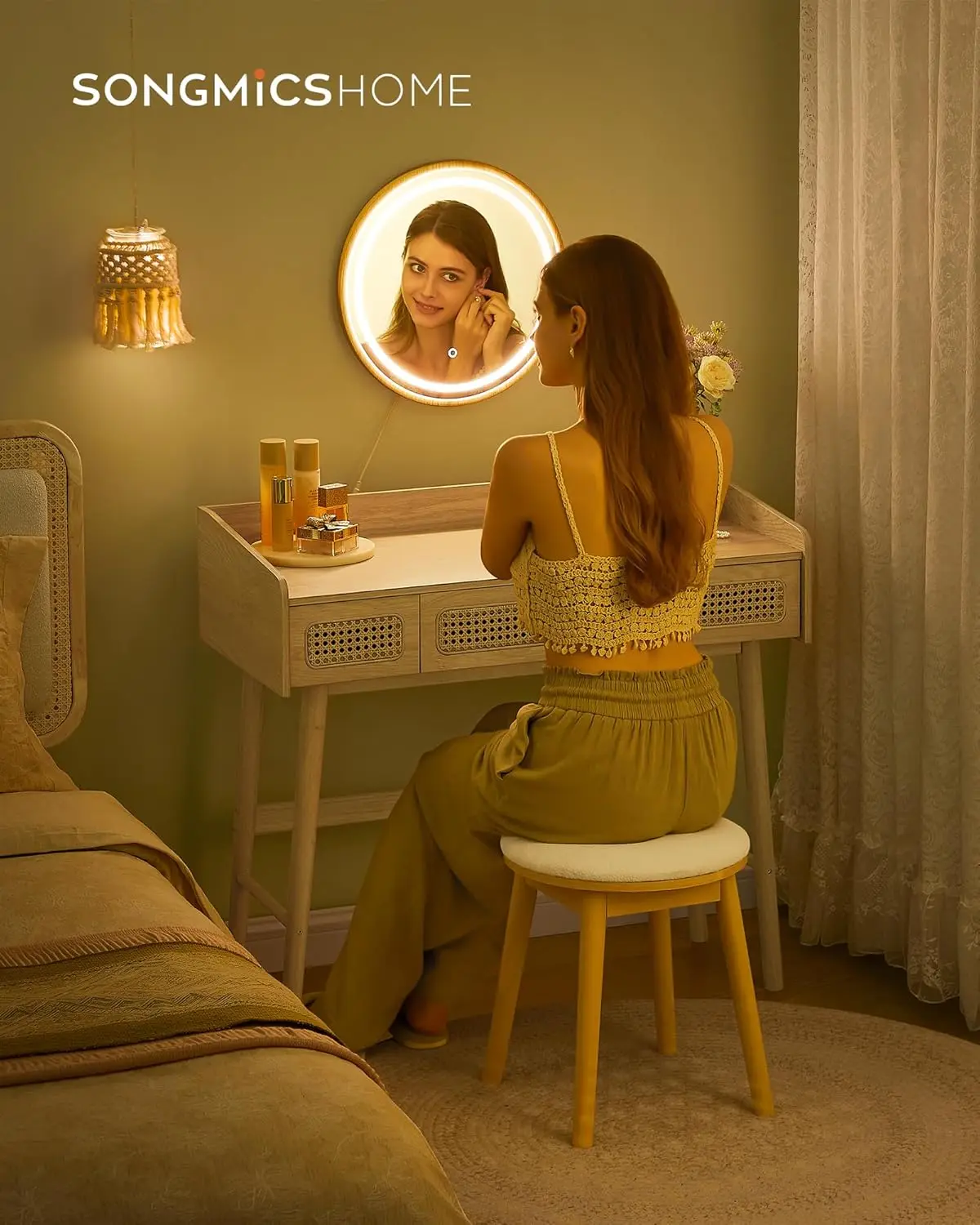 SONGMICS HOME booven Collection-trucco Vanity con specchio e luce, trucco in Rattan a 3 cassetti,
