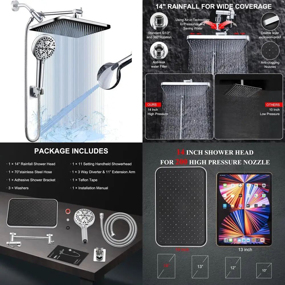 

14 Dual Shower Heads with 11-Mode Handheld, Power Jets, Adjustable Rainfall, 70 Hose for Tandem Bathroom