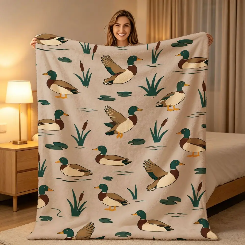 Mallard & Wetland Vegetation Print Throw Blanket, Beige Tone, Large Size, All Season Blanket for Bedroom Living Room Camping