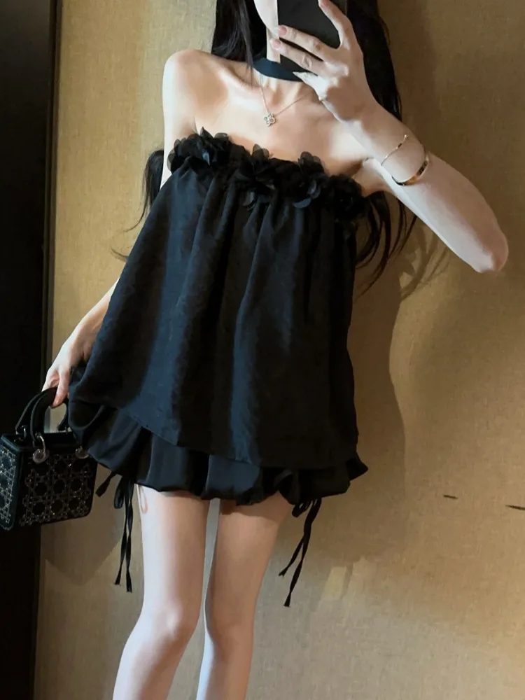 Sommer Casual Sweet Pure Desire Sle One-Shoulder Sa Design Floral 3D Gedruckt Tube Top Damen irt Französisch Sle Loose Fi...