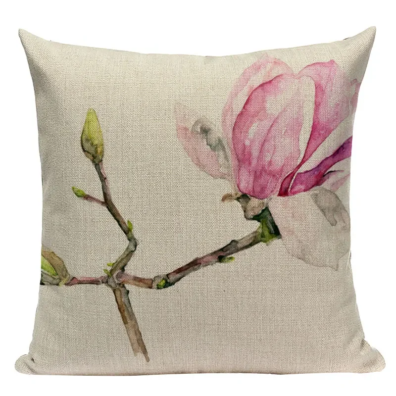 Cotton Linen Decorative Sofa Covers Watercolor Plant Bird Lumbar Pillow Covers Cushion Cover Home Decoration Pillowcase 45X45CM