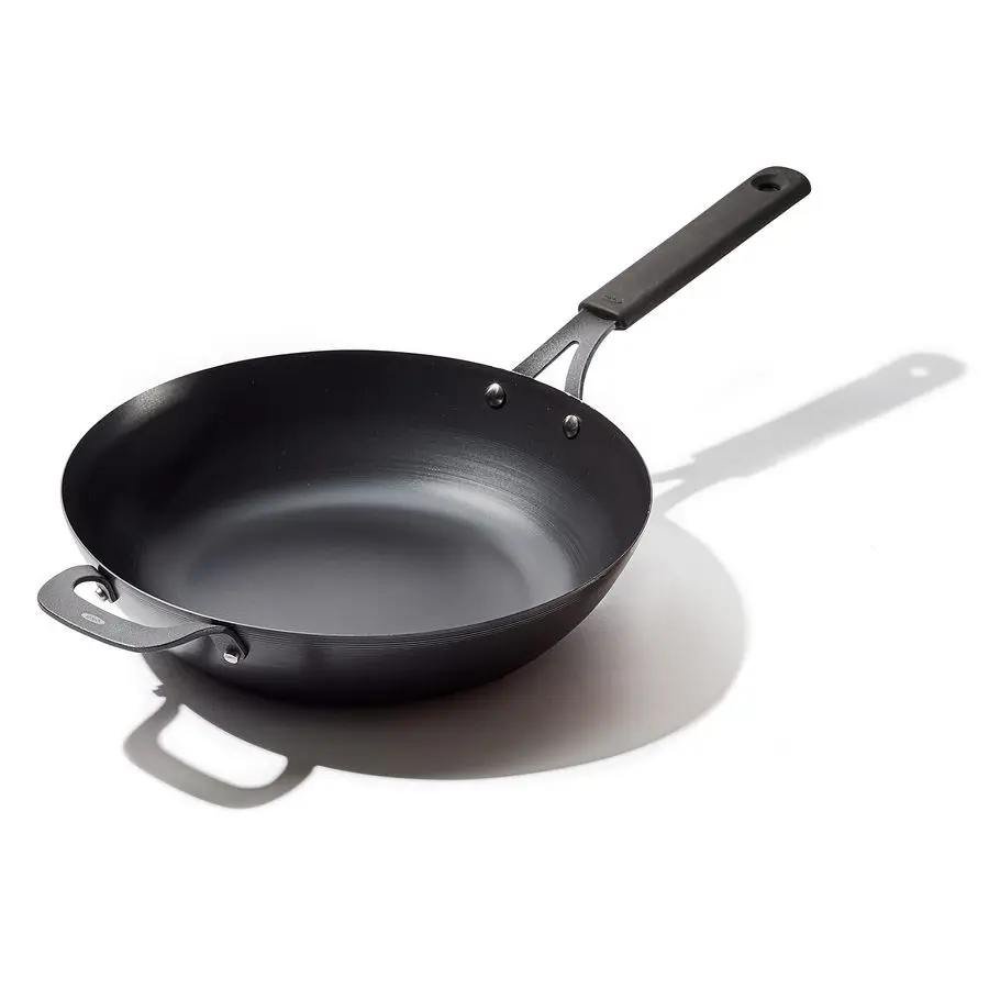 

Obsidian PreSeasoned Carbon Steel, 12 Wok Pan with Removable Silicone Handle Holder, Induction, Oven Safe, Black