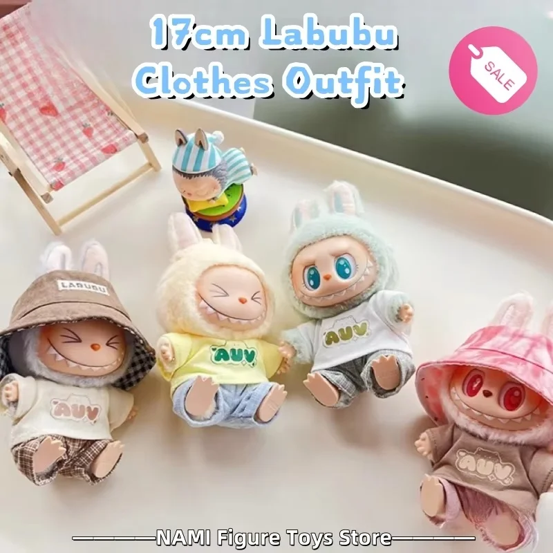 New Arrival Keychains 17cm Mini Doll Toy Labubu Clothes Outfit Accessories For Korea Kpop Labubu Idol Hat T-Shirt Pants Set Gift