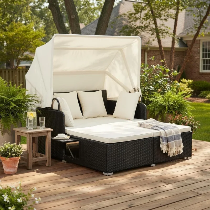

Rattan Double Daybed with Retractable Canopy, Outdoor Wicker Sunbed, 2 Foldable Side Tables & Thick Cushions Patio