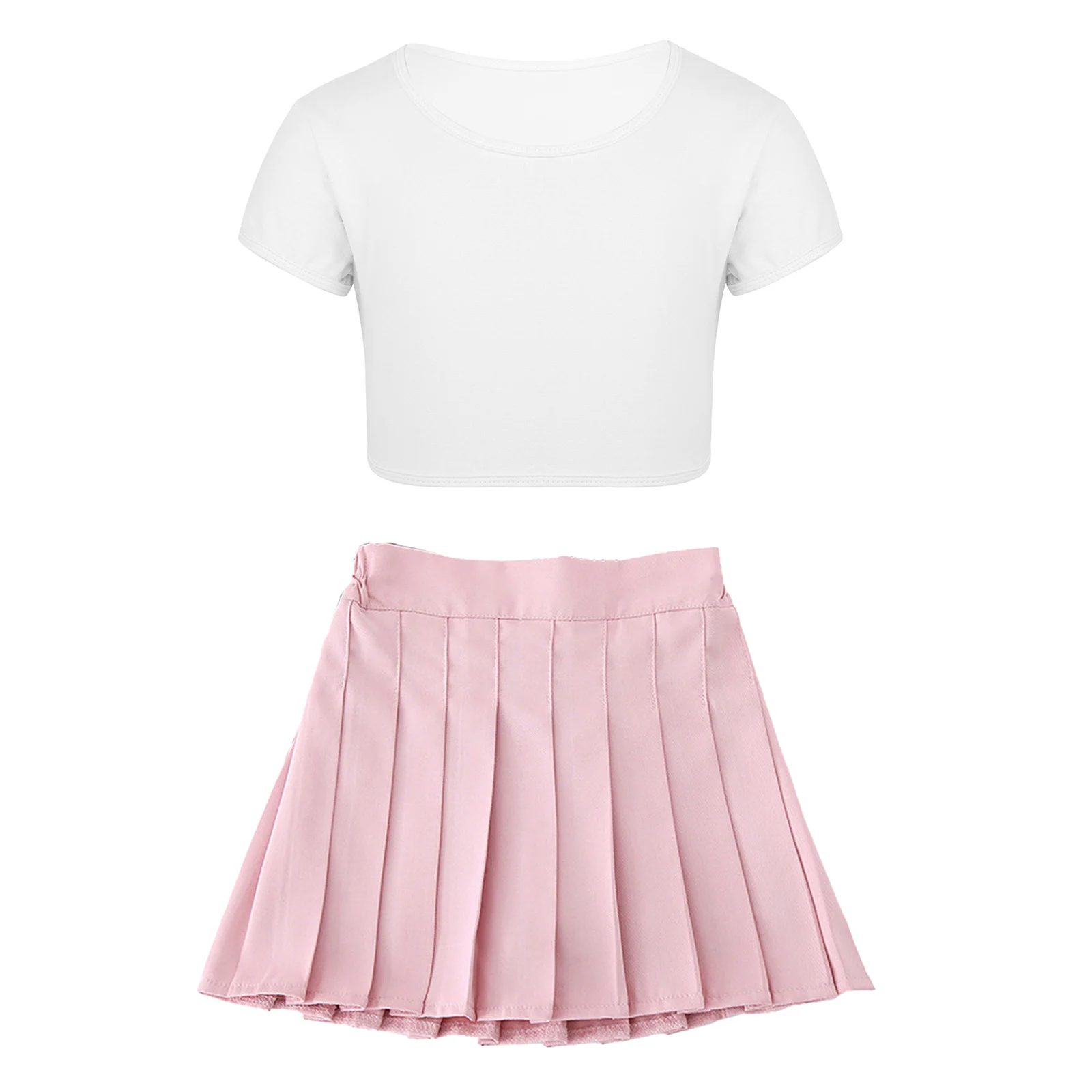 

Kids Girls Cheerleading Team Dance Sets Solid Color Short Sleeves T-shirt Crop Top with High Waist Pleated Skirt for Daily Wear