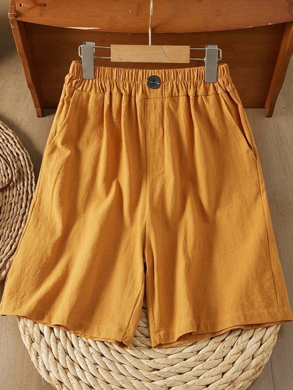 New Chinese Style Loose Wide Leg Casual Pants Cotton Linen Five-Point Shorts Slimming High Waist Elastic Waistband