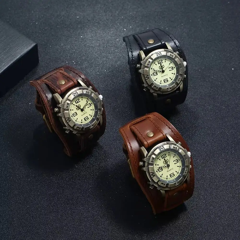 Punk Style Cowhide Bracelet Watch Black Brown Vintage Leather Strap Watch Retro Cowhide Strap Watch Bracelet Wristwatches