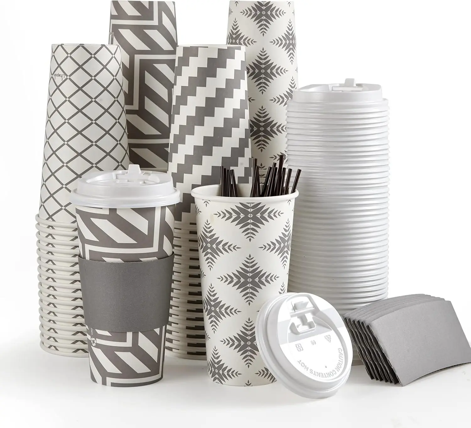 

100 Pack 20 oz Paper Coffee Cups with Lid, Sleeve, and Straws, Four Designs of Disposable Hot Coffee Cups for Home, Stor