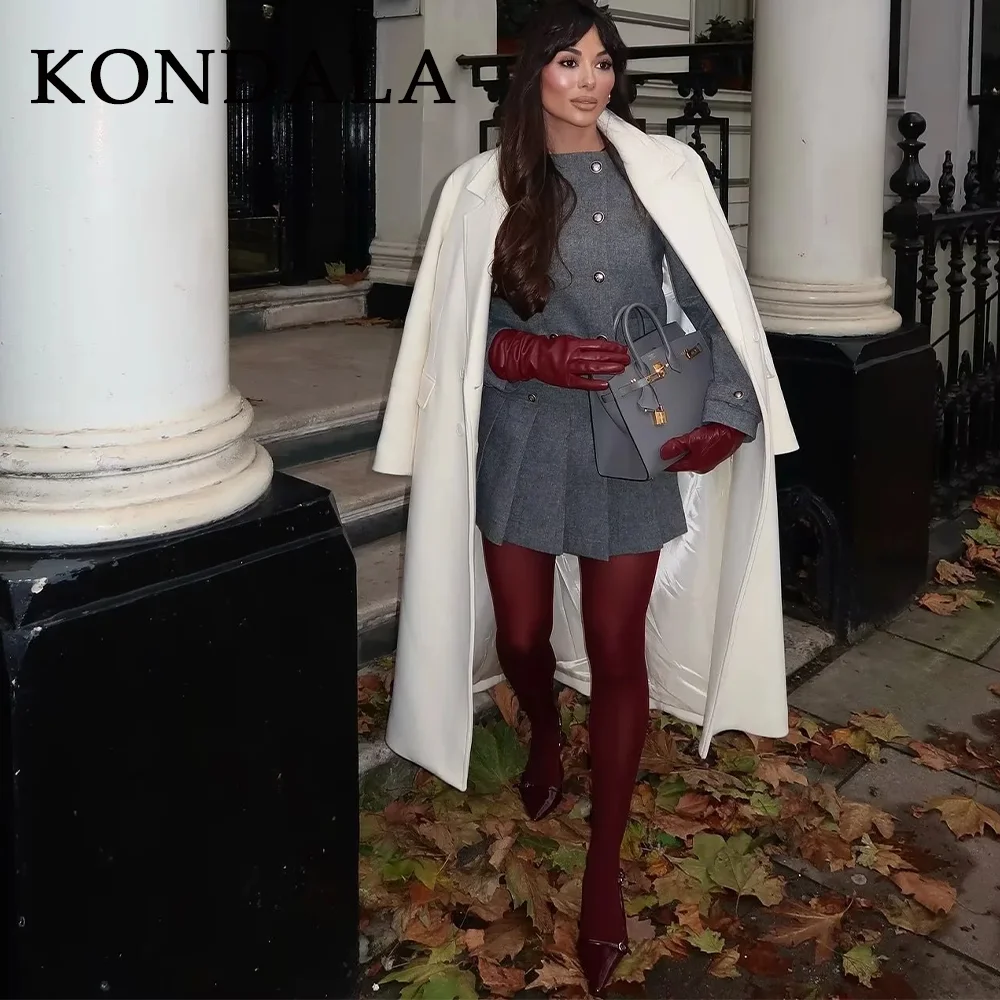 KONDALA 2025 Fall Winter Streetwear Women Suit Fashion Double Breasted Epaulet O Neck Jackets Chic Sashes Pleat Girl Mini Skirt