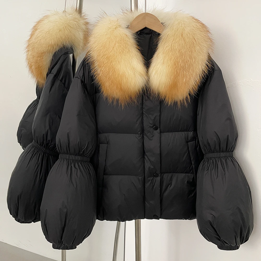Manteau en duvet femme Parka vêtements d'extérieur Vintage blanc canard vers le bas manteau véritable fourrure de renard veste 2025 lâche dames hiver femmes court chaud