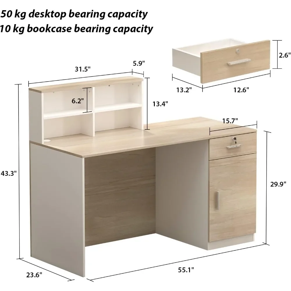 โต๊ะต้อนรับพร้อมเคาน์เตอร์และลิ้นชักล็อคได้สำหรับร้านเสริมสวยห้องรับรองสำนักงานชำระเงิน (55.1 "L x 23.6" W x 43.3 "H)