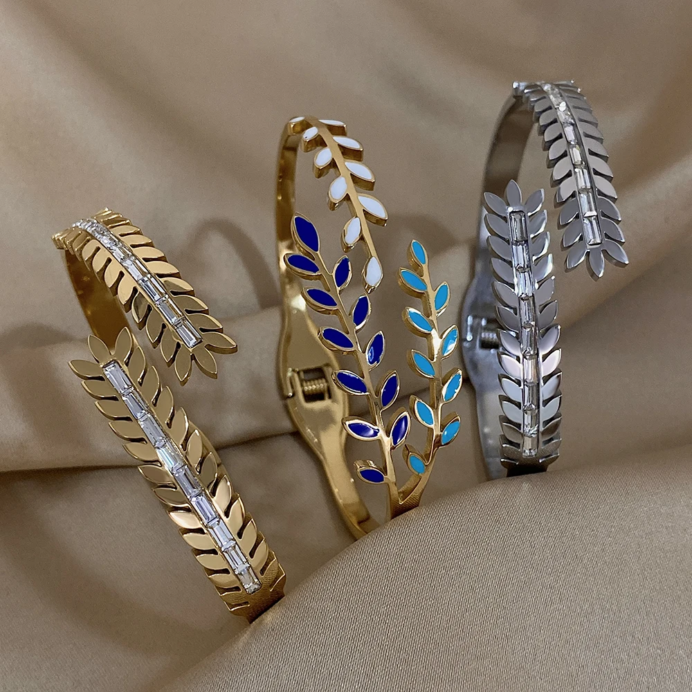 

Lifefontier Classic Cuff Bracelet Leaf Inlaid Rhinestone Stainless Steel Bracelet for Women New Waterproof Bangle Jewelry Gifts