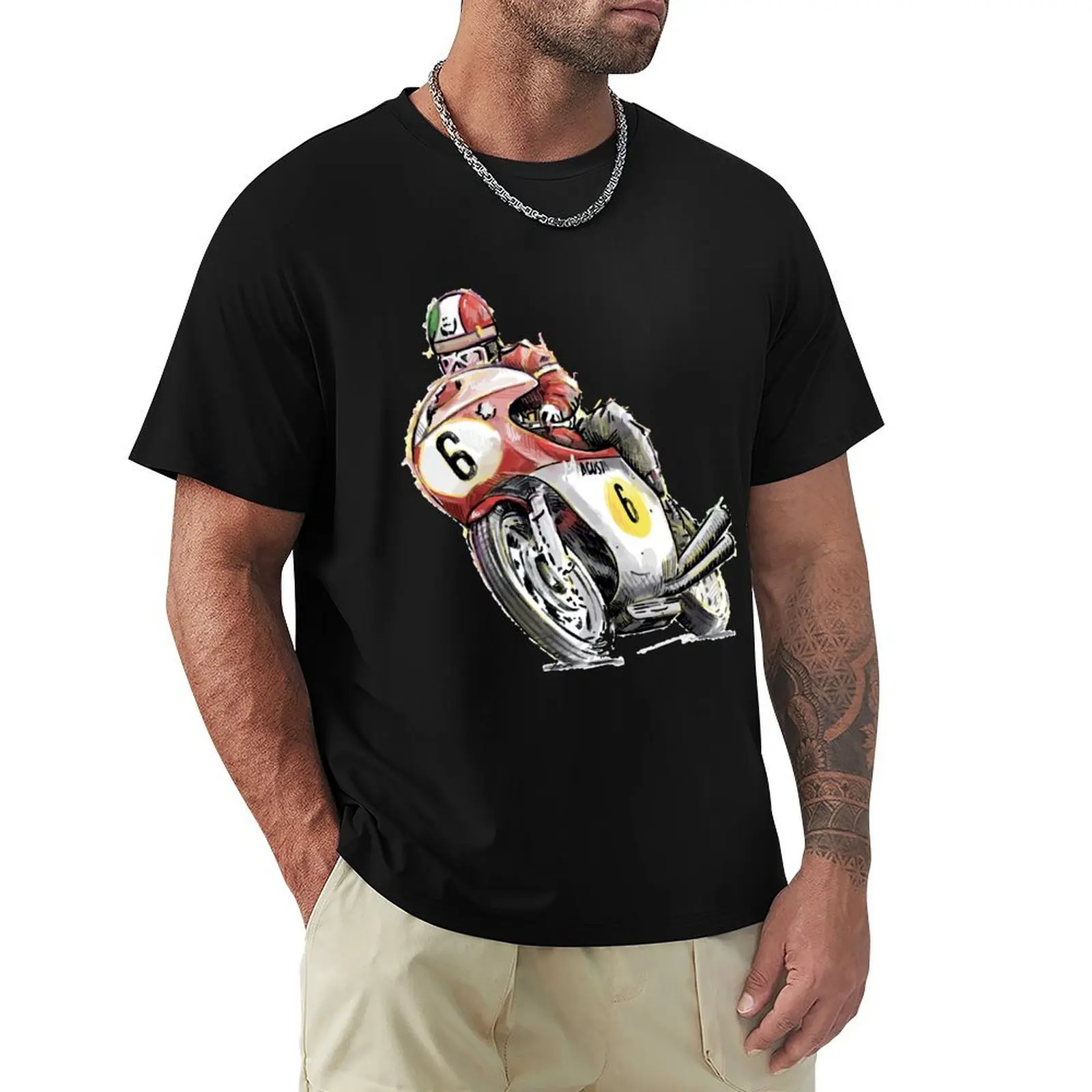 Camiseta con ilustraciones de la leyenda de la motociclismo, Giacomo Agostini, Camiseta con ilustraciones de homenaje, Camiseta de algodón de manga corta de moda informal