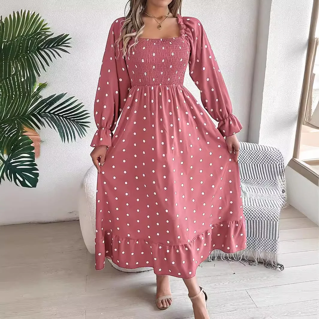 

2024 Autumn and Winter New Fashionable Casual Fungus Ruffle Sleeve Square Neck High-waisted Polka Dot Swing Long Skirt