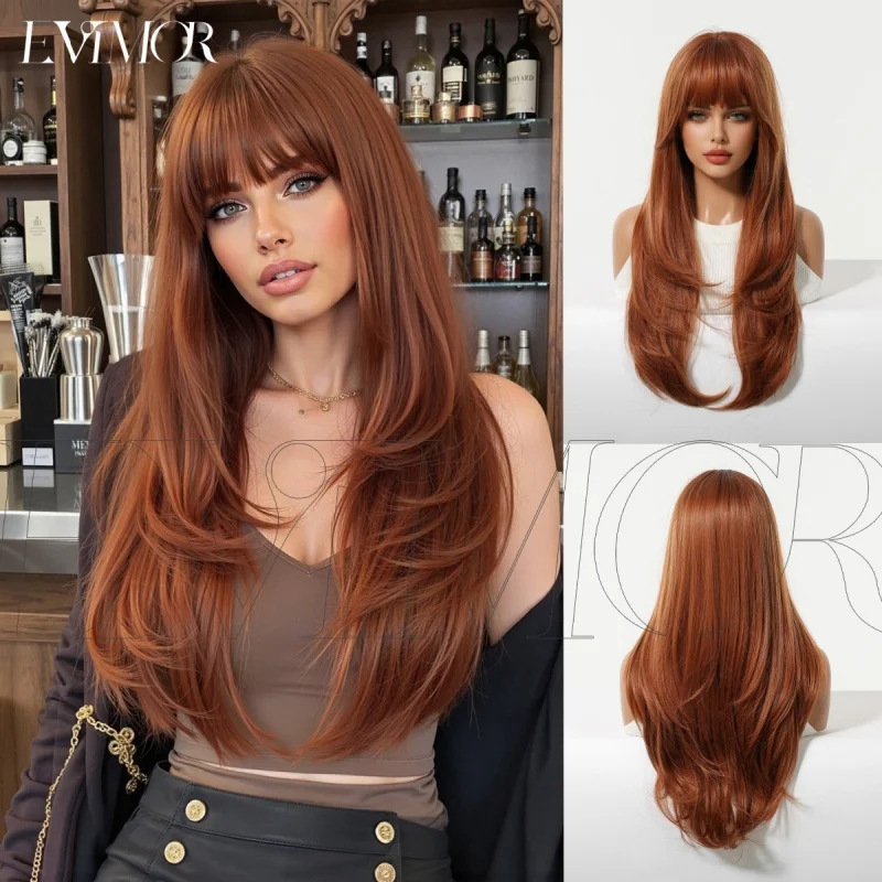 

Halloween Christmas air bangs Scottish orange long curly wig for women full head cover