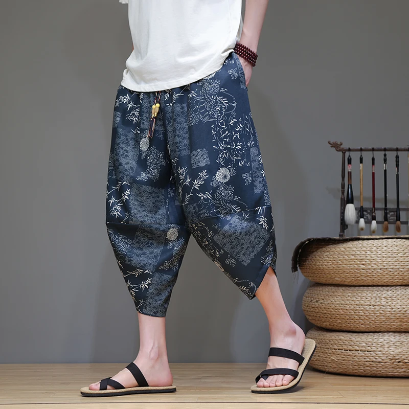 

Summer and Autumn Simple Minimalist Travel Thin Print Loose Casual Beach Shorts Chinese Style Pants for Men