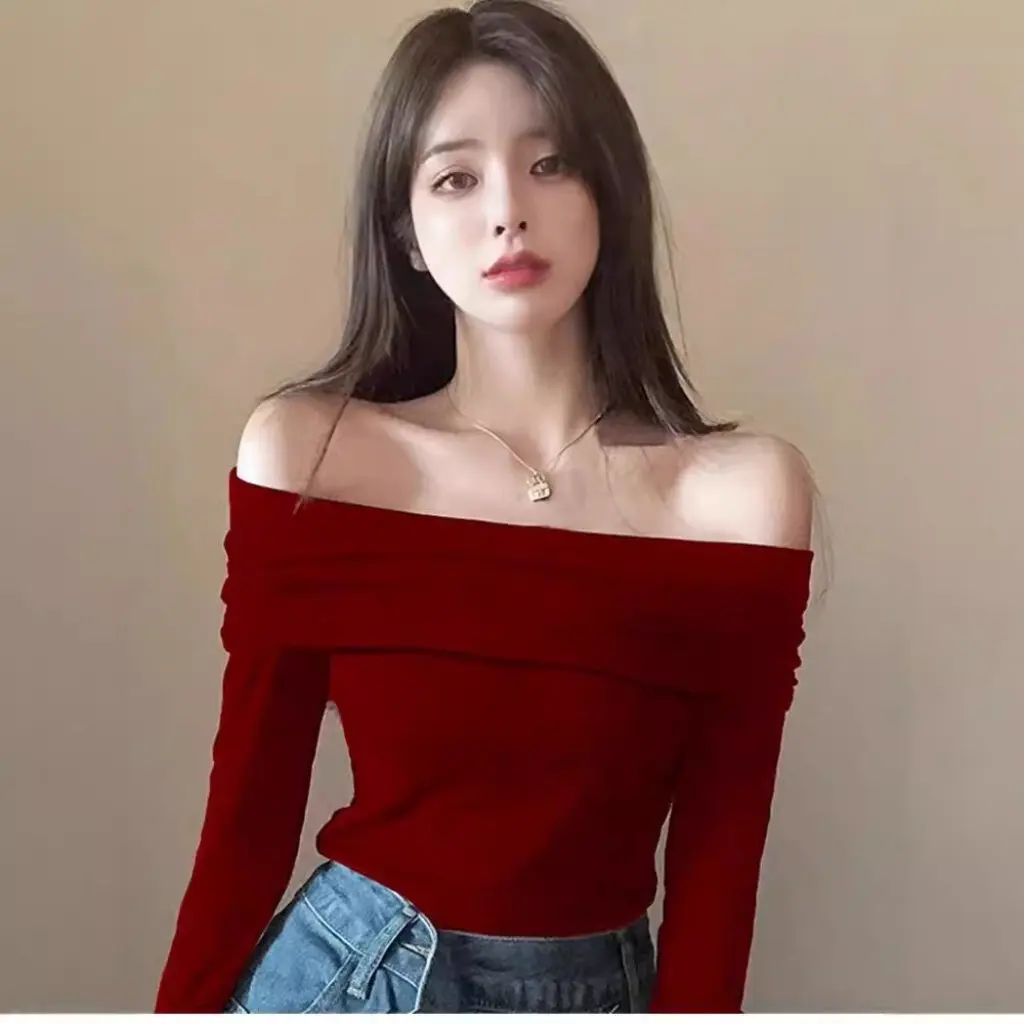 

Velvet Long-Sleeved T-shirt for Women Shoulder-Exposed Slim-Fit Inner Warm Base Shirt Top Outer Wear for Spring Autumn Winter