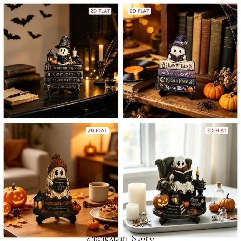 Hölzernes Halloween-Lesethema-Schild für Regalaufstellung, Herbstakzent für Bibliotheksecke und Inneneinrichtung 3XUF – Detail 7