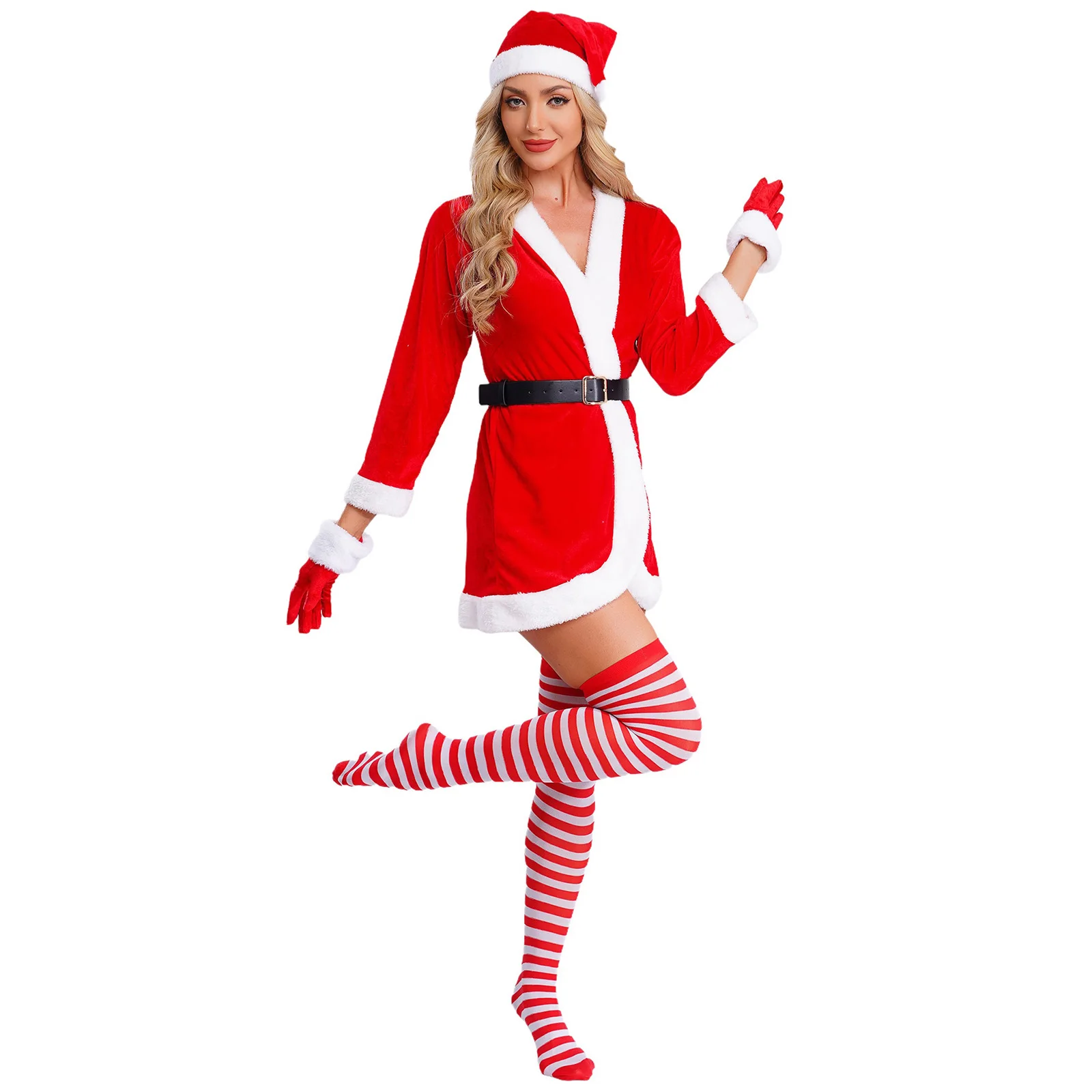 

Womens Mrs Santa Claus Outfits Velet Hooded Dress+Waist Belt+Striped Stockings+Hat+Shoes Christmas Xmas Party Dress Up Costume