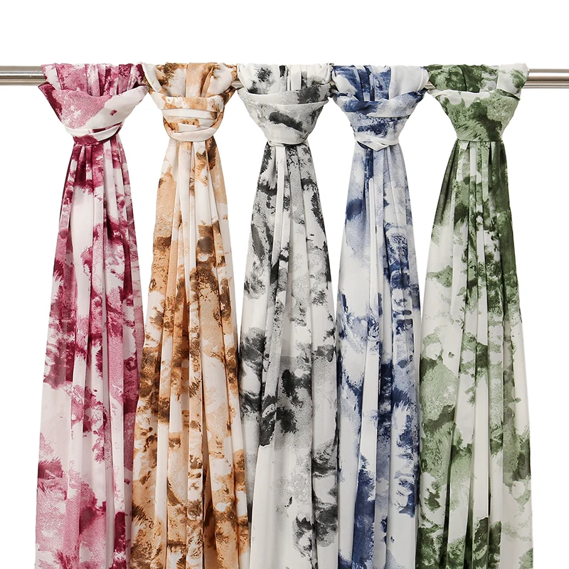 Gradient Tie-Dyed Printed Chiffon Scarf Muslim Women\'S Hijab Shawls Headscarf Wraps Female Bandana New 2024 Headband Turban