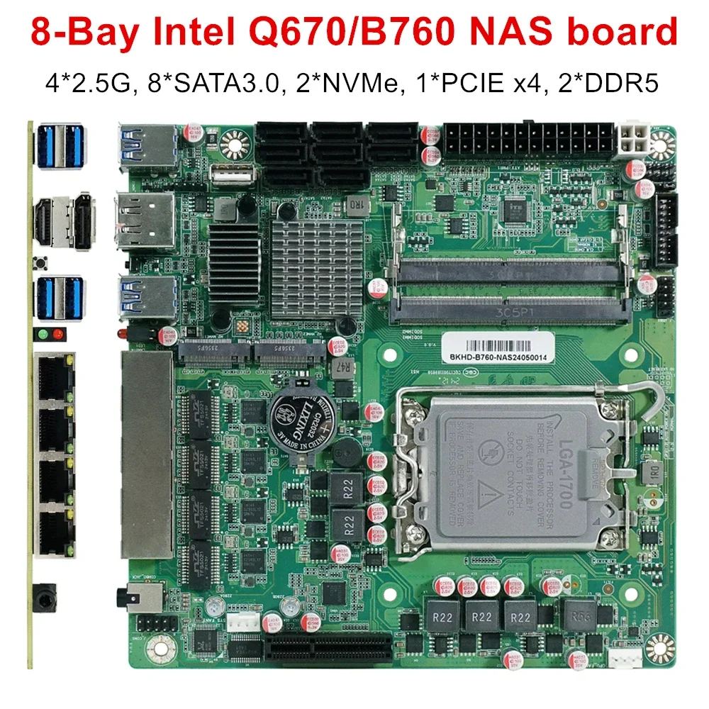 8-Bay B760 Q670 NAS Motherboard Intel 12-14th Gen LGA1700 8*SATA 2*NVMe 4*2.5G 1*PCIEX4 2*DDR5 17x17 Firewall Mini ITX Mainboard