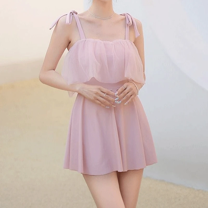 2023 New Conjoined Conservatism Thin Cute Japanese Casual Solid Color Girl Pink Spliced Lace With Chest Pad Youth Style Swimwear