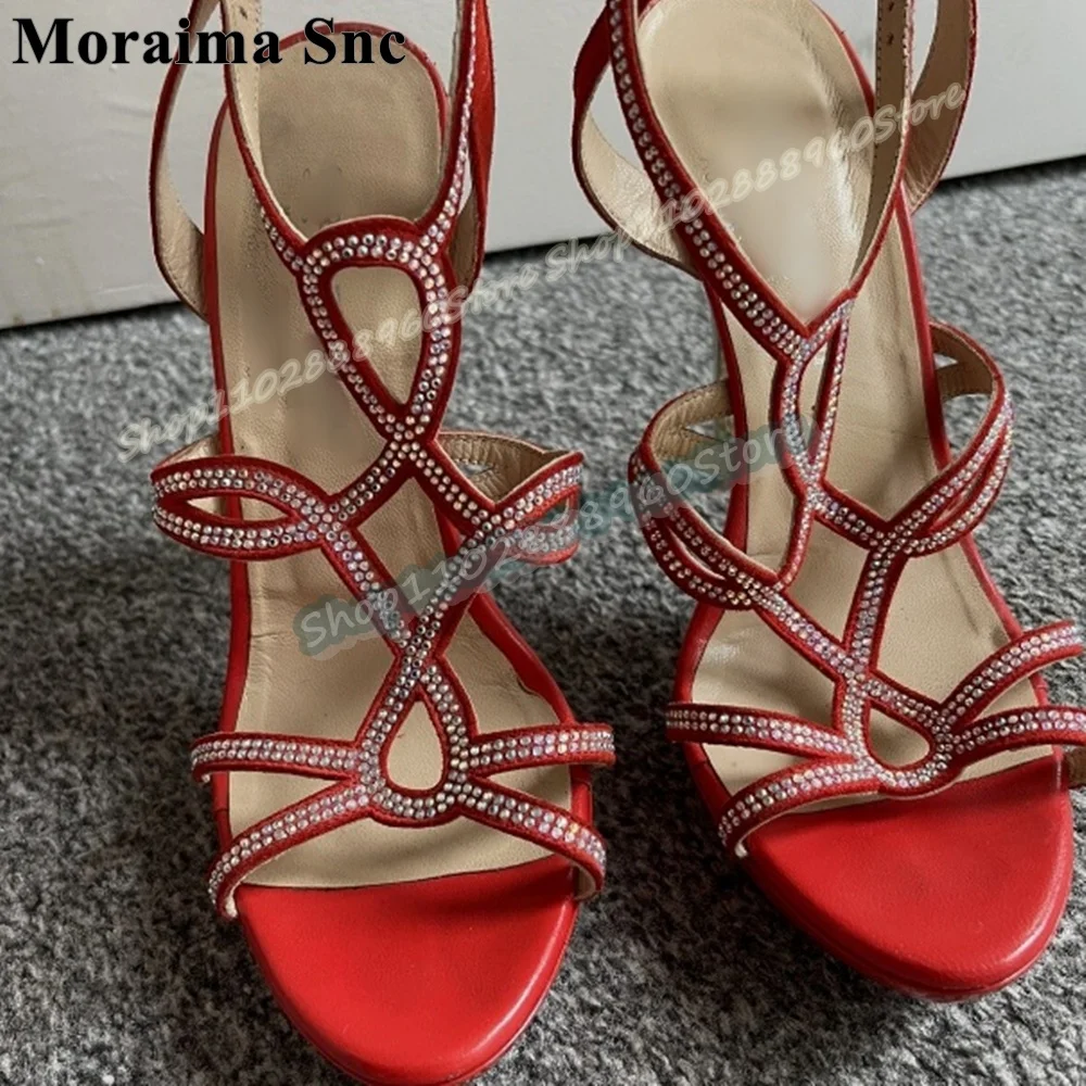 

Trending Red Flock Crystals Strap Casual Sandals Stilettos High Heel Shoes For Women Ankle Buckle Strap Open Toe Party Sandals