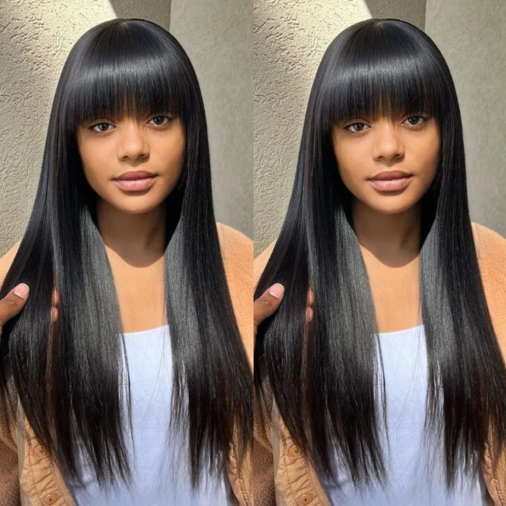 Bone Straight Human Hair Wigs With Bang Full Machine Made Wigs Natural Color Glueless Peruvian Remy Human Hair Wigs