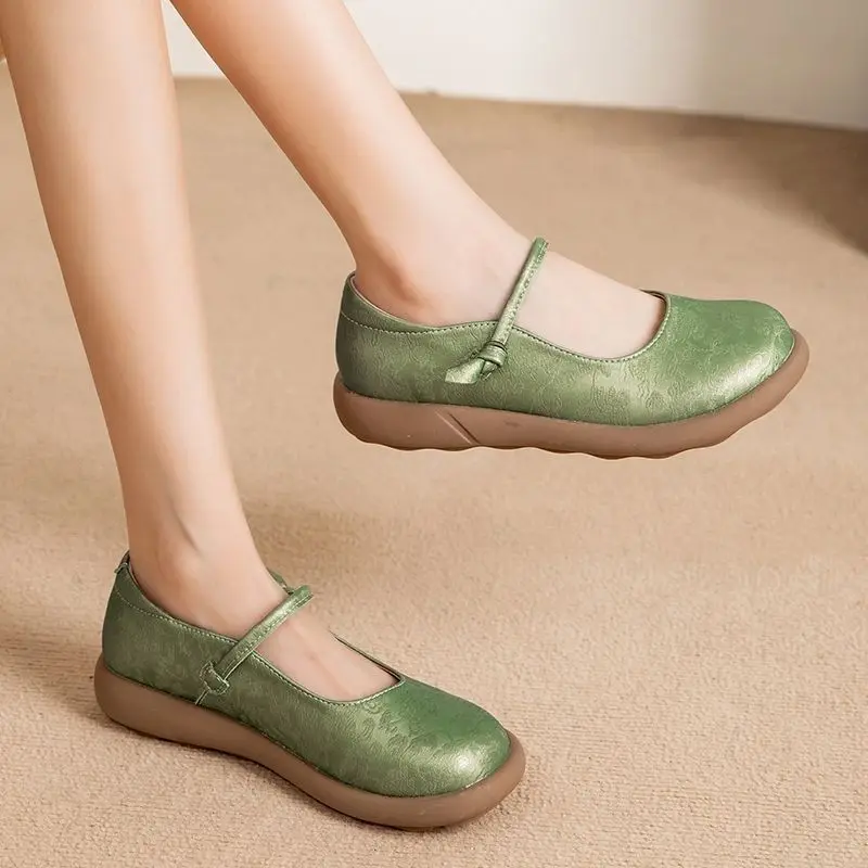 

2025 New strappy flats spring shoes for women summer loafers woman wide fit mary jane shoes green flats slip on moccasins retro