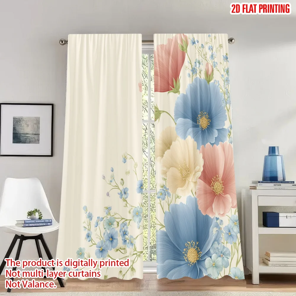 

2pcs 2D flat printing Merry Christmas Party Curtains Cosmos Flowers Watercolor Digital Printed Polyester Drapes Birthday Party