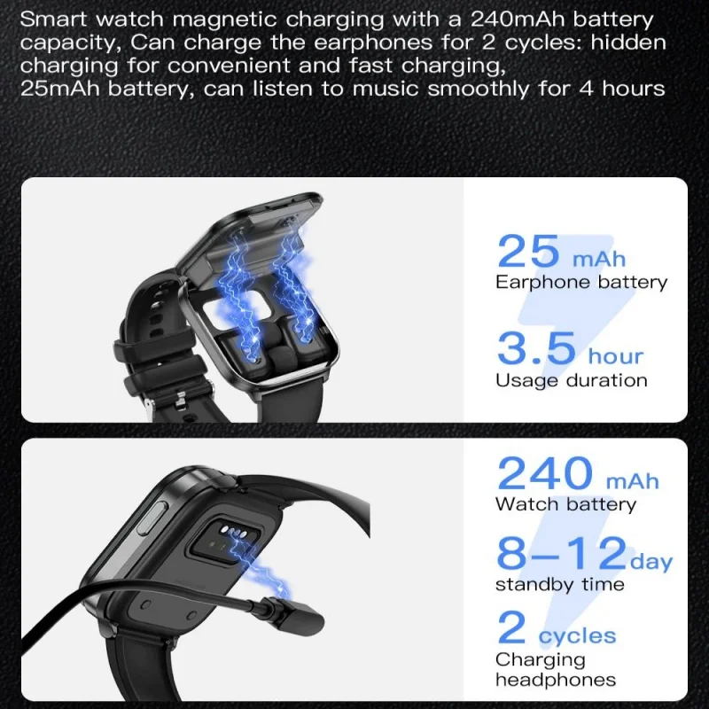2 n 1 سماعة أذن لاسلكية ساعة ذكية للرجال بلوتوث دعوة رياضية Smartwatch النساء مراقب معدل ضربات القلب الصحة مقاوم للماء ساعة الموسيقى
