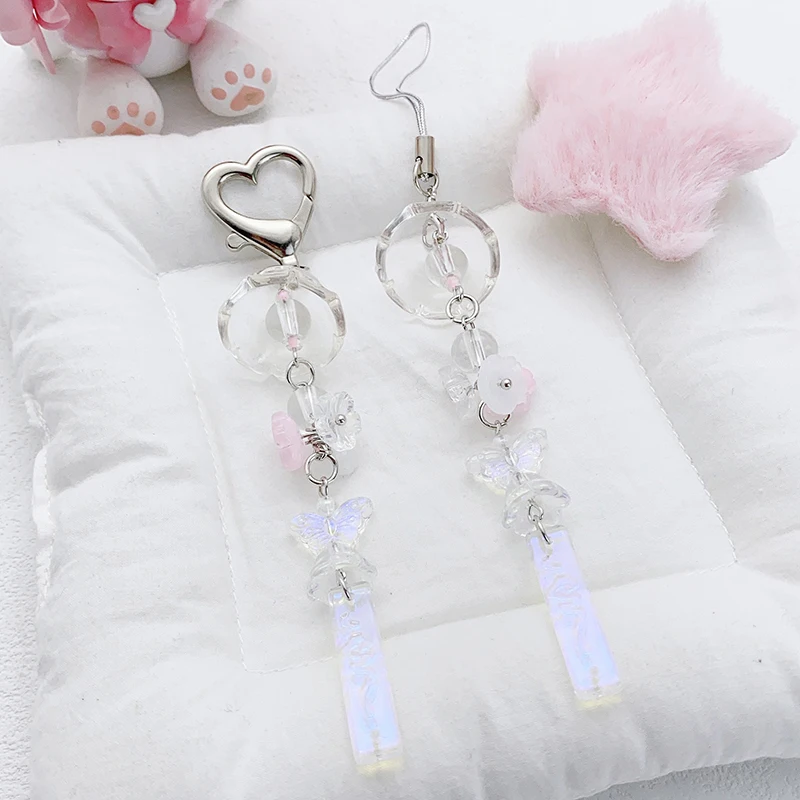 Fashion Sweet Flower Butterfly Wind Chime Beaded Pendant Cute Phone Charm Simple Keychain Exquisite Backpack Decoration Gifts