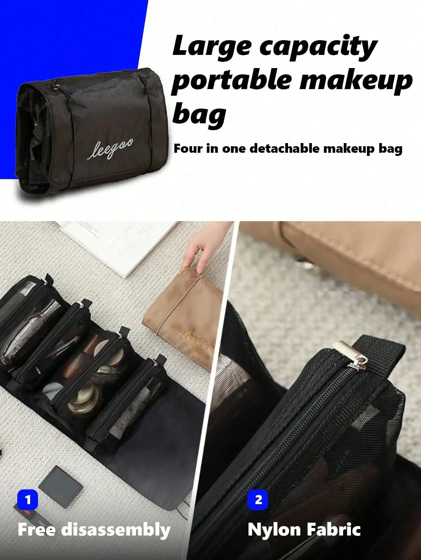 Portable Large Capacity Makeup Bag Storage Bag, Four in One Multifunctional Detachable and Foldable Travel Toiletries Bag