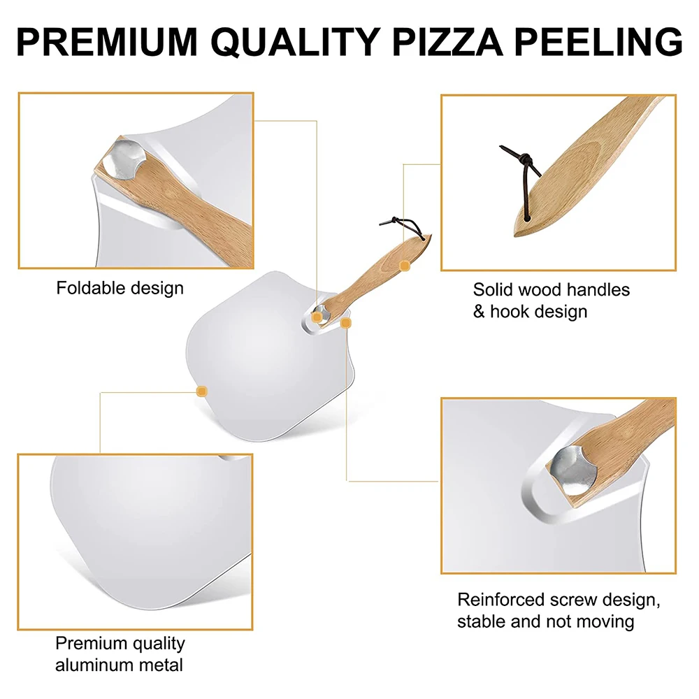 2Pcs Pizza Peel Set Aluminum Pizza Paddle&Stainless Steel Pizza Rocker Cutter Homemade Pizza Oven Spatula with Foldable Handle