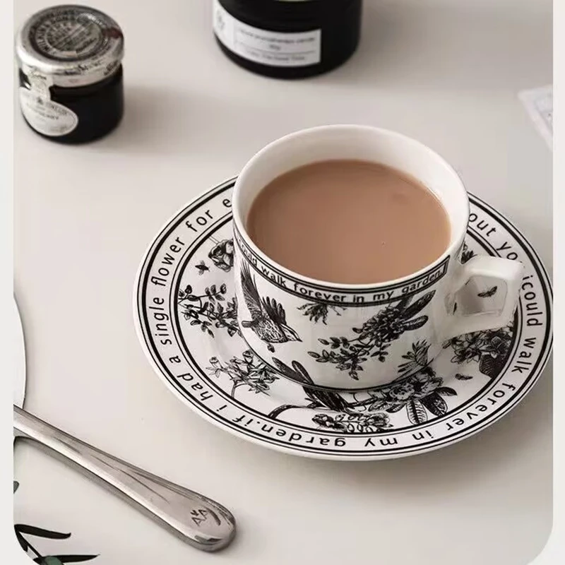 200ML Black Bird Ceramic Coffee Cup and Saucer Set English Afternoon Tea Cups Home Party Coffeeware Cafe Milk Coffee Mug Cups