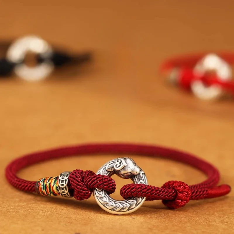 999 Foot Silver Year of The Snake Safety Buckle Red Rope Bracelet Women's Sterling Silver Woven Natal Year Good Luck Hand Rope