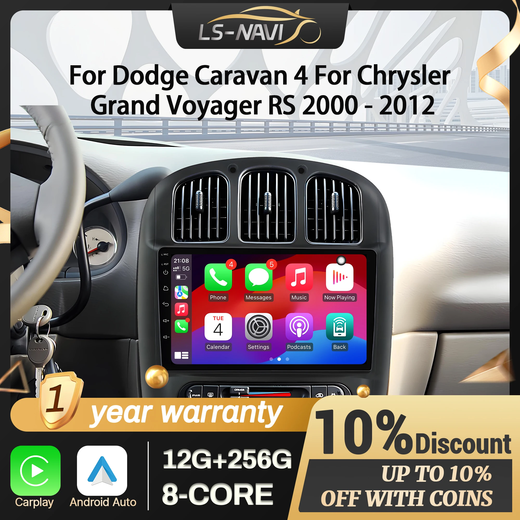 For Dodge Caravan 4 For Chrysler Grand Voyager RS 2000-2012 GPS Car Radio Multimedia Wireless Android 14 CarPlay 2K QLED Screen