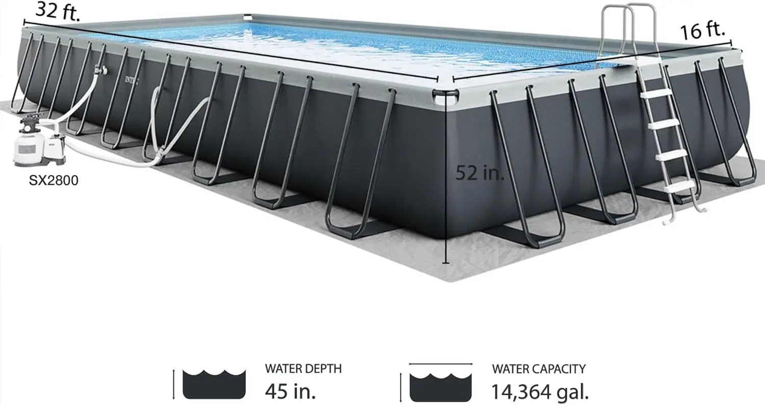 Deluxe Rectangular above Ground Swimming Pool Set: 32ft x 16ft x 52in – includes 2800 GPH Sand Filter Pump