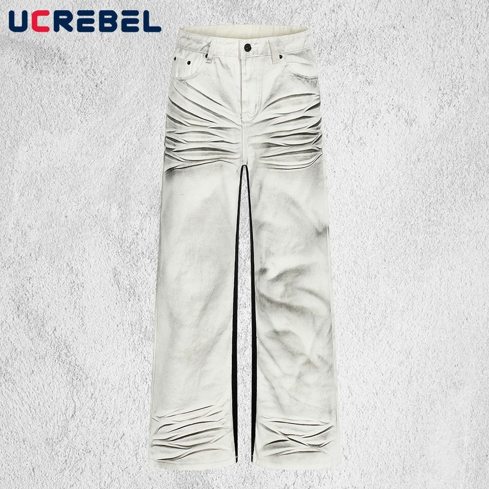 Dirty Distressed Jeans Mens Spliced Baggy Straight Loose Cut Casual Denim Pants Man