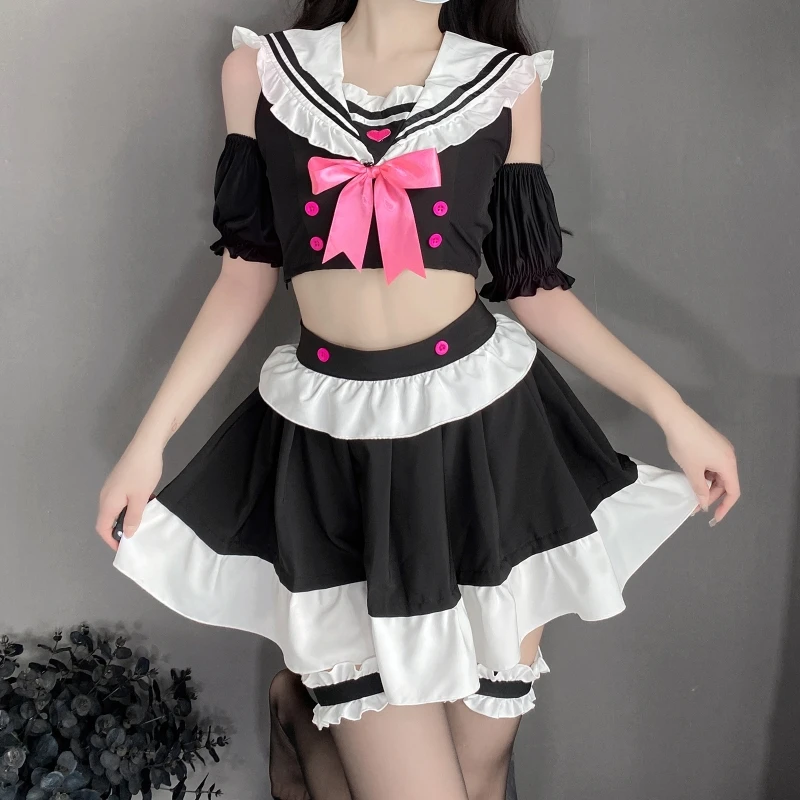 فستان خادمة لطيف لوليتا أزياء تنكرية ملابس داخلية مثيرة مغرية بفيونكة وعقدة مع تنورة صغيرة زي نسائي مثير #5