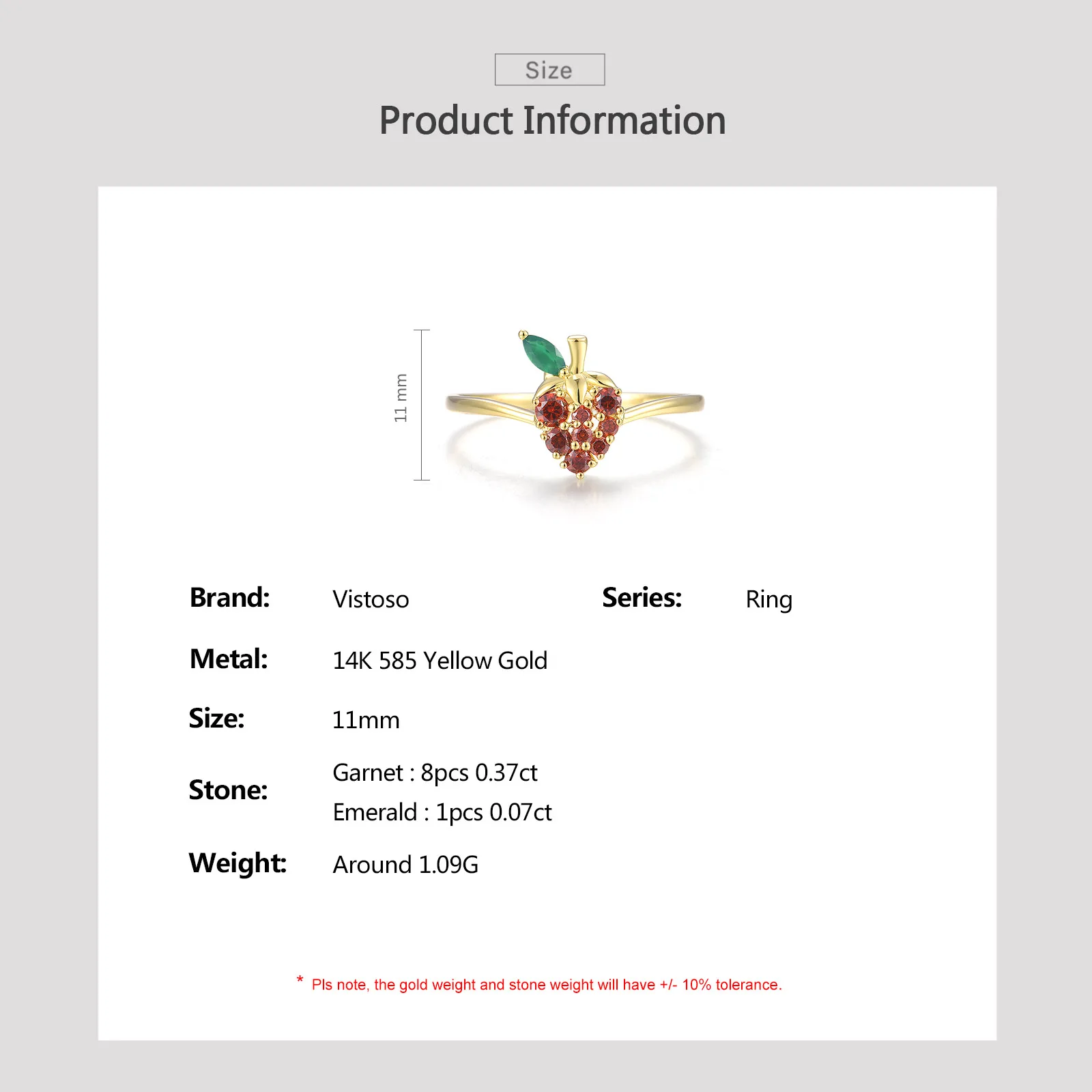 VISTOSO Real 14K 585 Yellow Gold Ring For Women Sparkling Diamonds Garnet Cute Strawberry Simple Daily Wearing Fine Jewelry