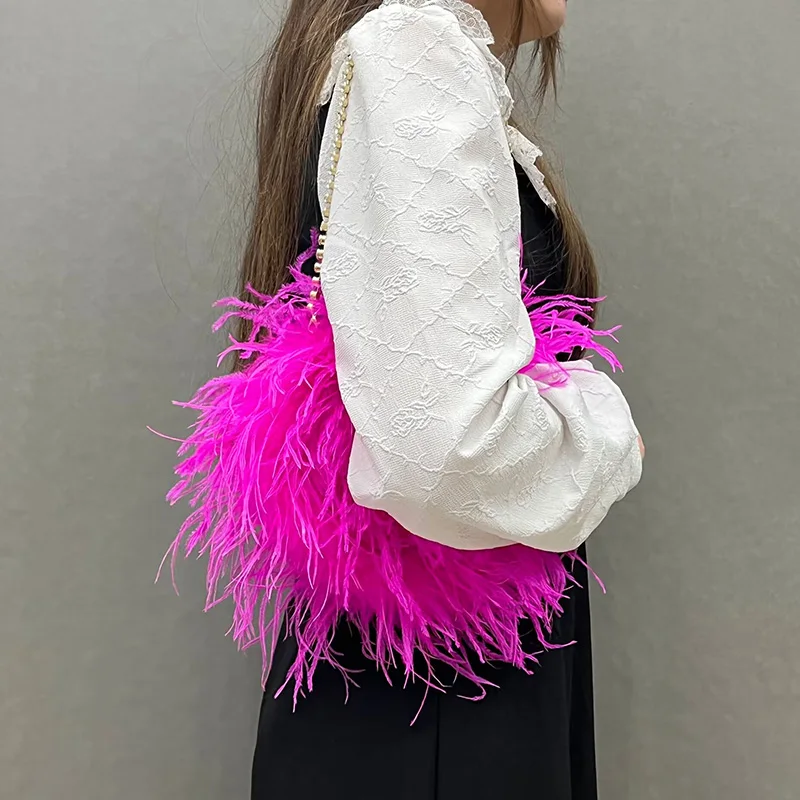 Fluffy Evening Crossbody Ostrich Feather Bags for Women Luxury Brand Purse Handle Handbag Chain Clutch S5459