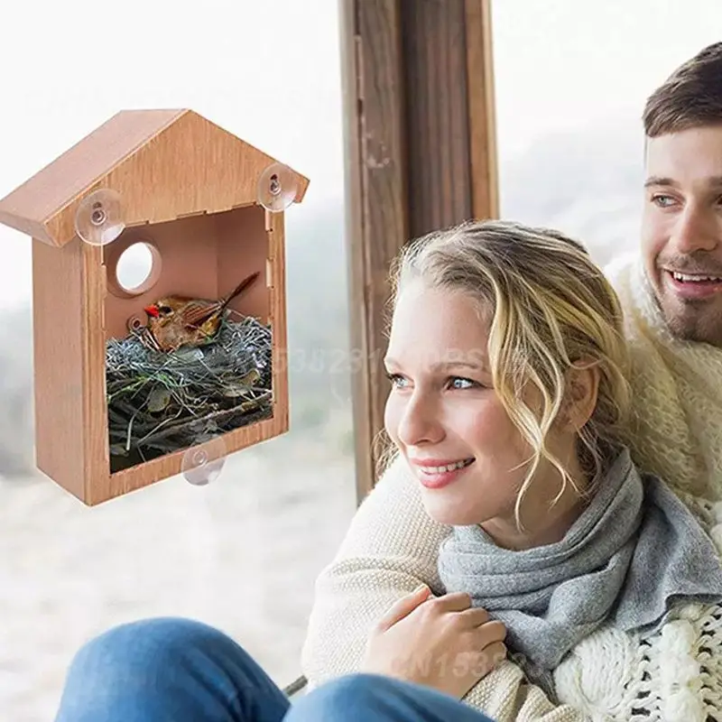 Wood Outdoor Garden Bird Feeding House Window Suction Cups Birdhouse Nest Feeding Outdoor Bird Feeding Accessories Supplies