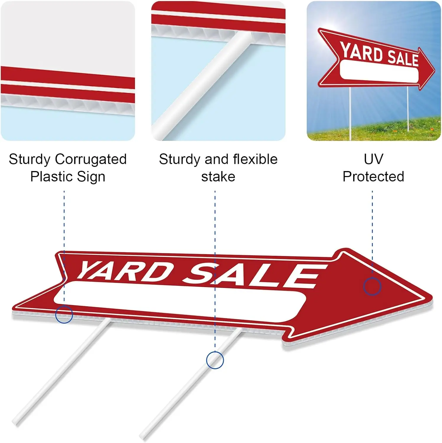 6 Pack Yard Sale Signs with Stakes, Double Sided Arrow Lawn Signs for Outdoor (17x6 Inch) - Waterproof Corrugated Plastic, Easy