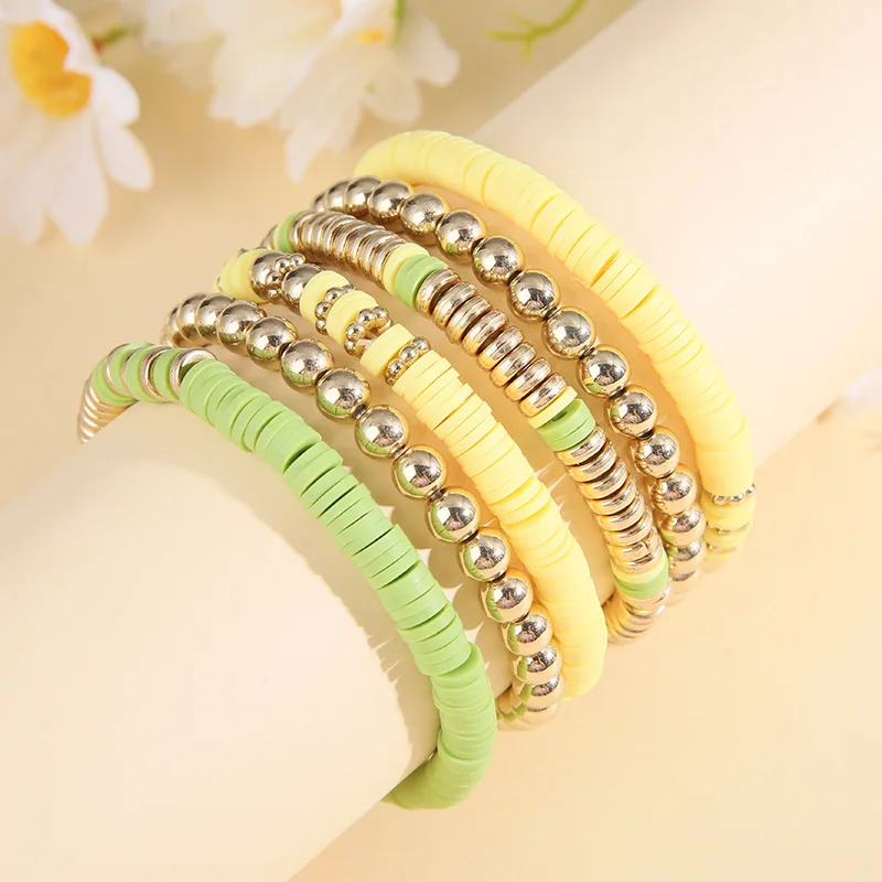 6/7pcs Bohemian Polymer Clay Bracelets Set for Women Multilayer Elastic Colorful Beads Bracelet Fashion Jewelry Set Accessories