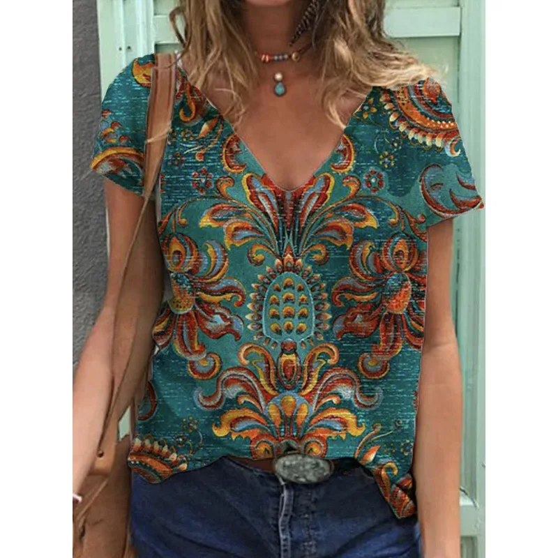Ethnic Style Floral 3D Print T-Shirts Women V-Neck Short Sleeve T Shirt Streetwear Y2k Top Harajuku Oversized Tee Woman Clothing