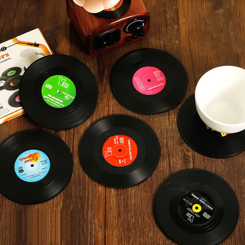 12/4/6pcs Retro Vinyl Record Cup Coaster Anti-slip Coffee Coasters Heat Resistant Music Drink Mug Mat Table Kitchen Accessories