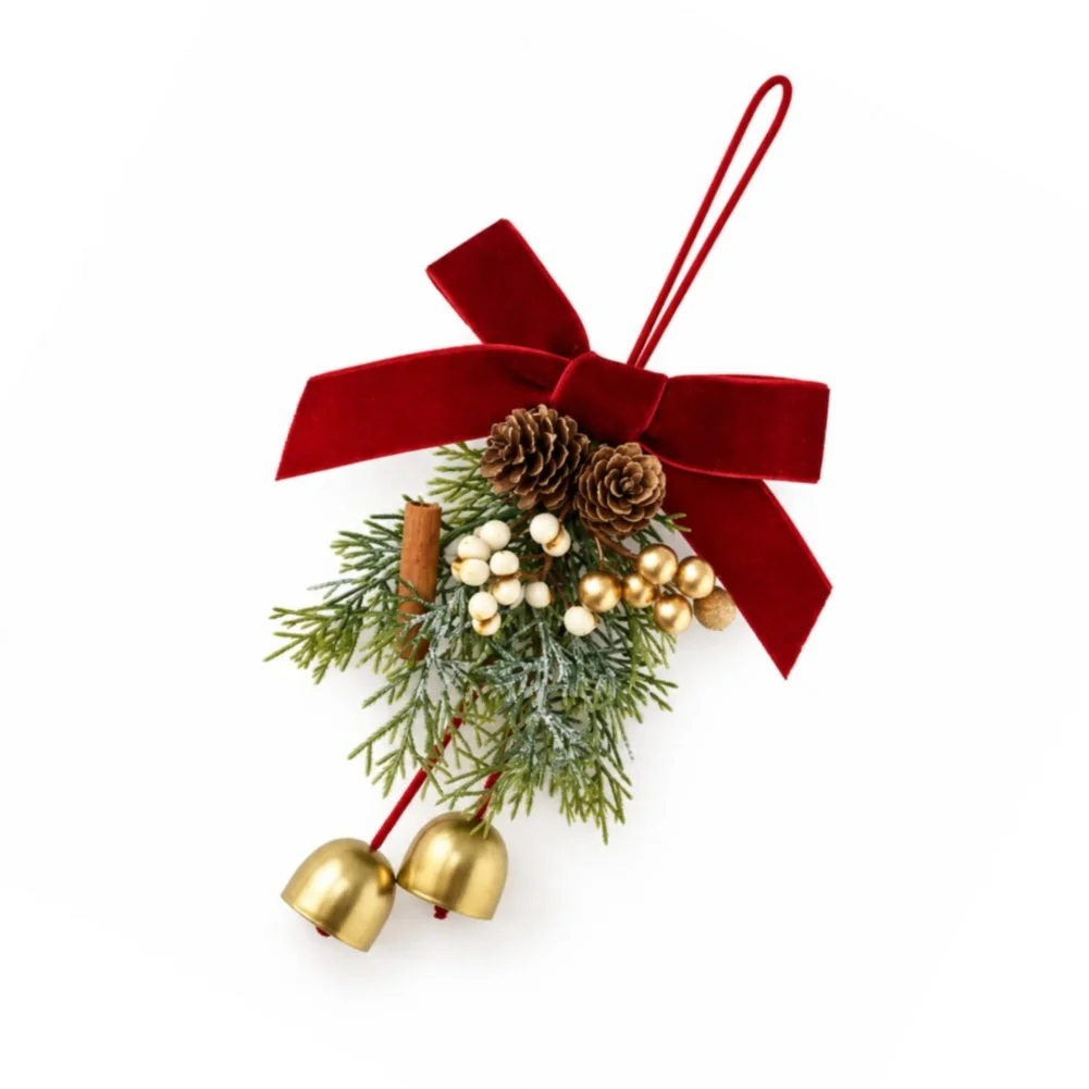 Christmas Hanging Ornament Collection 3PCS with Jingle Bells Satin Bows Pinecones and Foliage for Indoor Display