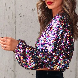 Casual Streetwear Lantern Sleeve Sexy Crop Tops Elegant Lady T-Shirts O-Neck Blusa Women Fashion Party Glitter Sequin Tees Shirt