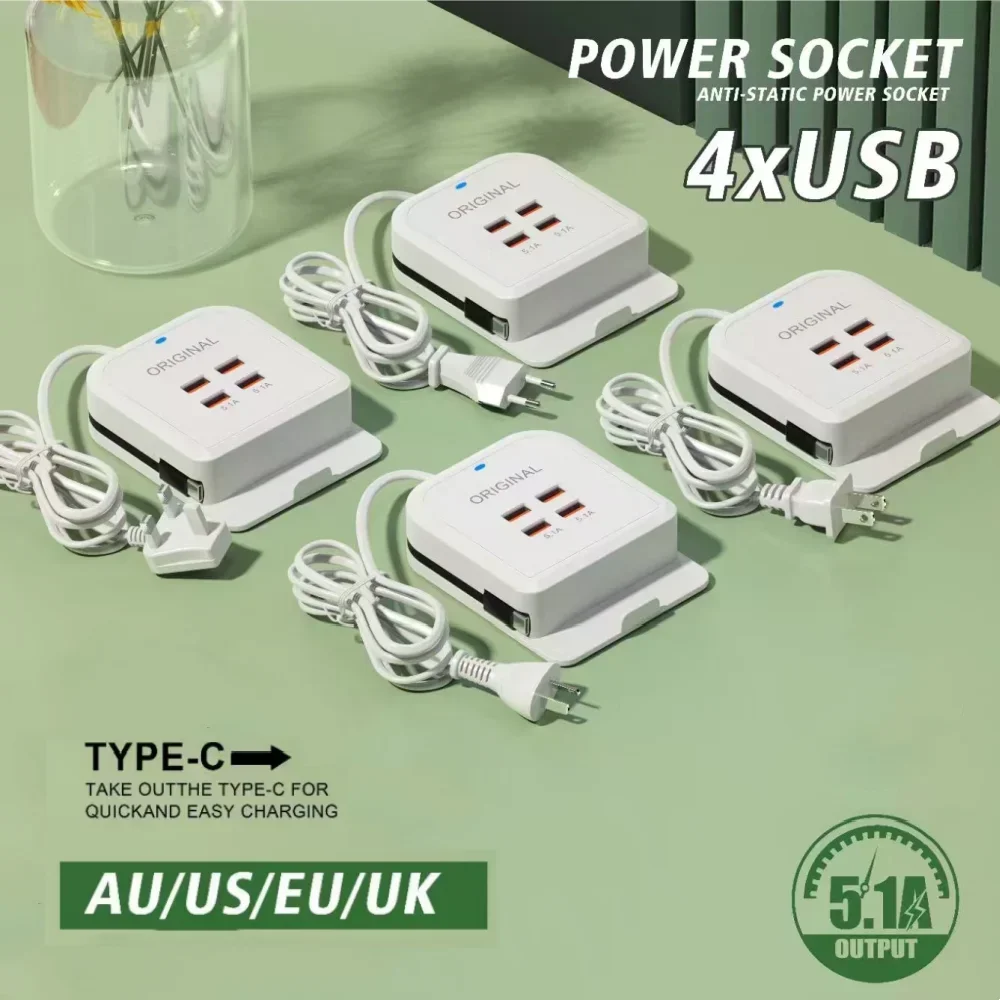 USB قطاع الطاقة شاحن الهاتف المحمول 4 منافذ شحن سريع مع كابل نوع C مقبس شحن سريع آيفون 15 Xiaomi سامسونج #3